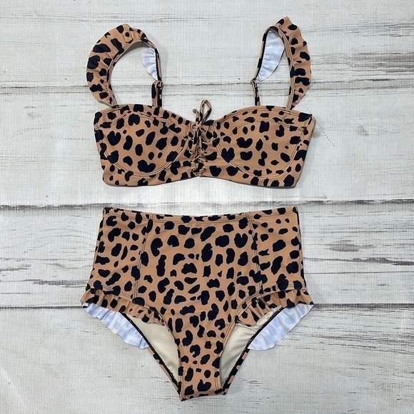 Marina West NWT Bikini Set Sweetheart High Rise Tan Cheetah Print Size Large - Picture 11 of 16